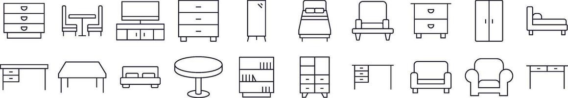 Table, Closet, Mirror, Chair and Table Line Icon Pack. Editable Stroke. Minimalistic Linear Pictogram for Design of Cards, Apps, Banners, Posts vector