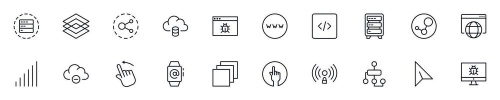 Web and internet outline icons drawn with black thin line. Editable stroke. Simple linear illustration that can be used as a design element for apps and websites vector