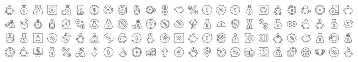 Set of Line Icons of Piggy Bank, Dollar, Coin, Percent. Editable Stroke. Minimalistic Linear Pictogram for Design of Cards, Apps, Banners, Posts vector