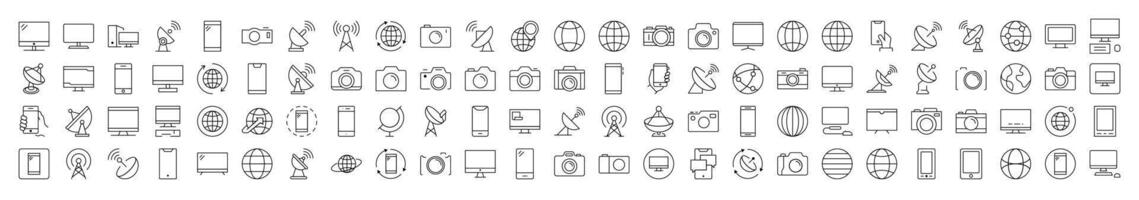 Bundle of Line Icons of Photo Camera, Globe, Computer, Radio Locator, Phone. Editable Stroke. Minimalistic Linear Pictogram for Design of Cards, Apps, Banners, Posts vector