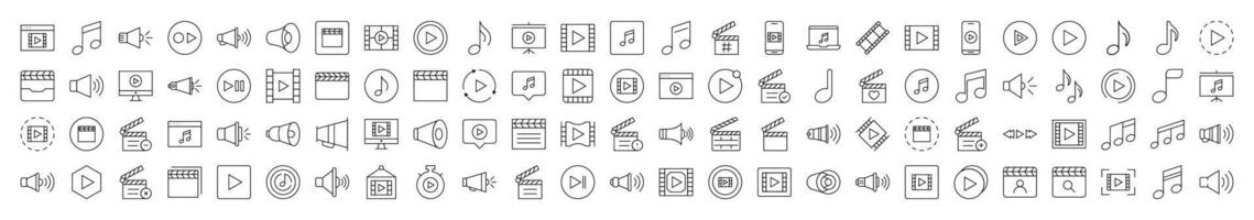 Set of Media Player Related Line Icons. Editable Stroke for Design, Web Sites, Apps, Cards. Contains Linear Images of Clapperboard, Musical Note, Loud Speaker vector