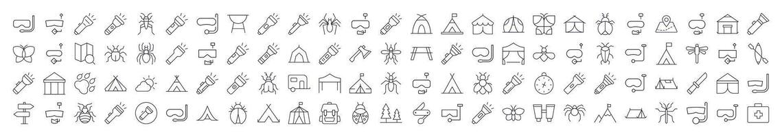 Bundle of Camping Related Line Icons. Editable Stroke for Design, Web Sites, Apps, Cards. Contains Linear Images of Flashlight, Diving Mask, Tent, Axe, Insect vector