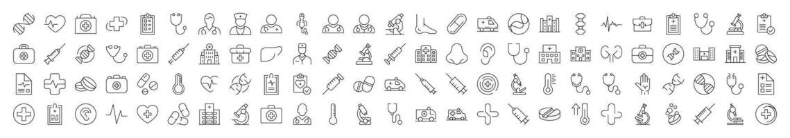 Hospital Simple Linear Illustrations. Contains Icons of Organs, Doctor, Pills, Syringe, Clinic that Can Be Used for Design of Cards, Posts, Apps, Web Sites vector