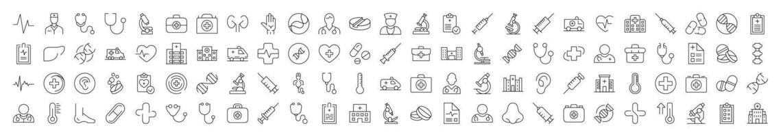 Simple Linear Illustration of Hospital. Contains Icons of Organs, Doctor, Pills, Syringe, Clinic that Can Be Used for Design of Cards, Posts, Apps, Web Sites vector