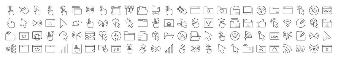 Computer Desktop Line Icon Pack. Modern Collection for Design, Web Sites, Apps, Cards. Contains Linear Images of Cursor, Wi Fi Waves, Folders, Web Pages vector