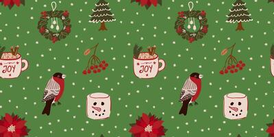Christmas, holiday season seamless pattern with bird, tree, hot cholocolate in a mug, flower, marshmallow and snowflakes. Cute, cozy winter background. Wrapping paper, fabric design. vector