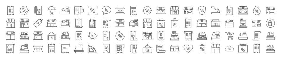 Shopping Icon Pack. Contains Icons of Store, Receipt, Cash Register that Can Be Used for Design of Cards, Posts, Apps, Web Sites vector