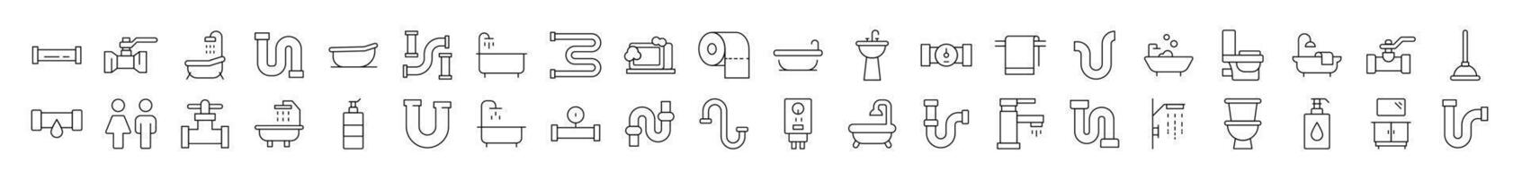Plumbing, Faucet, Bathroom Outline Simple Linear Image Collection. Editable Stroke. Suitable for Web Sites, Books, Cards, Apps vector