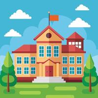 school building with flag on top, school building with trees and grass vector