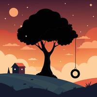 a tree with a swing hanging from it vector
