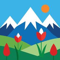 a flat design of a mountain with flowers and a sun vector