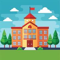 school building with red flag on top and trees vector