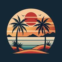 retro style palm trees and sunset on the beach illustration vector