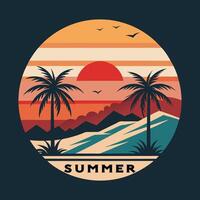 a poster with palm trees and the sun in the background vector