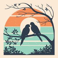 two birds sitting on a tree branch with sunset in the background vector