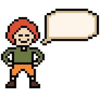 Design of 8-bit decoration of man male boy smile with blank chat box cartoon pixel. vector