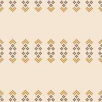 Ethnic motif cross stitch with brown cream background fabric pattern pixel art. vector