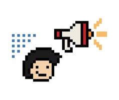Pixel art of man male or boy with megaphone shout announce declare speak cartoon cute 8-bit. vector