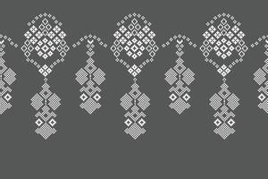 Cross stitch decor with gray color background motif pattern fabric design pixel art ethnic pattern. vector