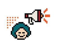 Cute design pixel 8 bit man male or boy with megaphone shout announce declare speak cartoon art. vector