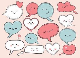 Set of colorful Kawaii speech bubbles. Talking and thinking clouds with faces of Love cartoon characters. Collection of Emoticon design elements for St Valentines day vector