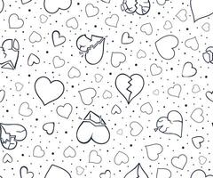 Seamless pattern with hand-drawn doodle hearts. Ink black and white background for wrapping paper, scrapbooking, postcards and posters. Valentine's day illustration with broken hearts. vector