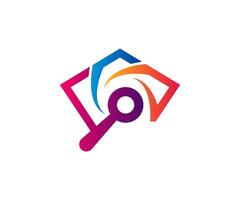 Modern and abstract colorful security shield logo template design with magnifying glass. vector