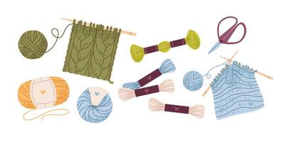 Crafting, handmade. Knitting tool with cozy yarn balls, needles, and handmade elements. A warm, leisurely hobby. Flat set. vector