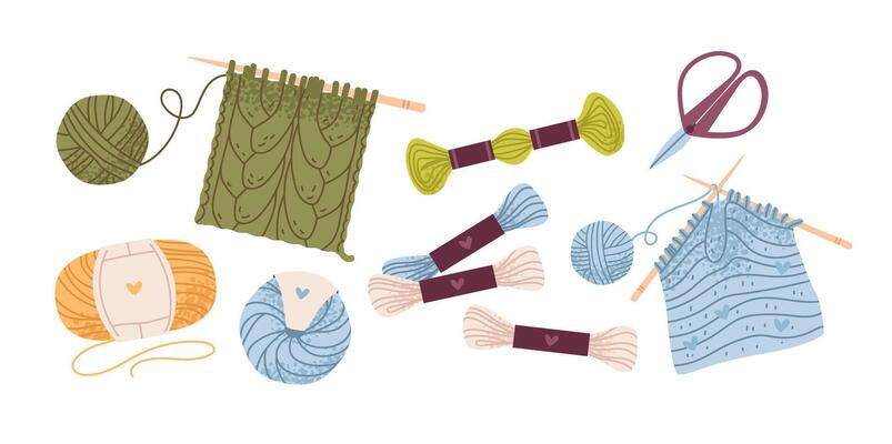 Crafting, handmade. Knitting tool with cozy yarn balls, needles, and handmade elements. A warm, leisurely hobby. Flat set.