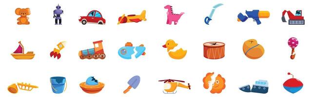 Broken toys icons set. Broken toys collection featuring various damaged playthings for childhood memories vector