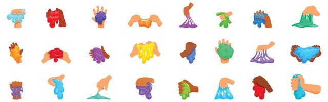 Hand holding slime icons set. Hands holding and stretching colorful slime, a playful sensory experience vector