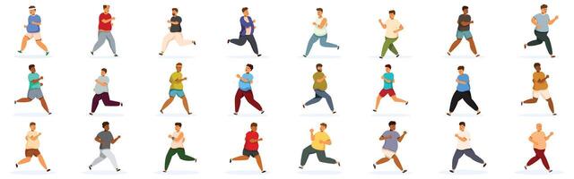 Fat man running icons set. Overweight men running, maintaining healthy lifestyle through exercise vector