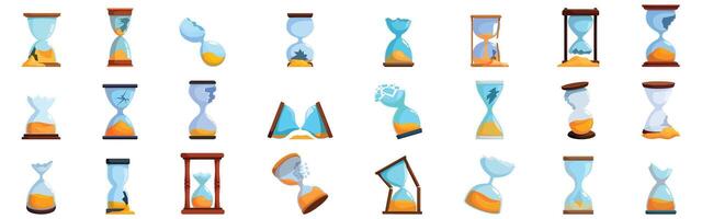 Broken hourglass icons set. Hourglass icons showing time passing, sand timers in different states vector