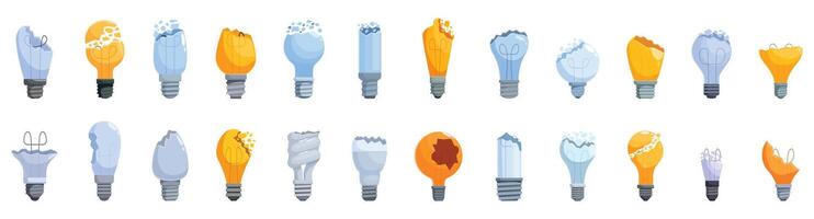 Broken bulb icons set. Broken light bulbs showing different stages of damage and destruction vector
