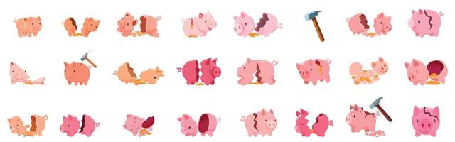 Broken piggy bank icons set. Broken piggy banks showing savings, investments, and financial hardship vector