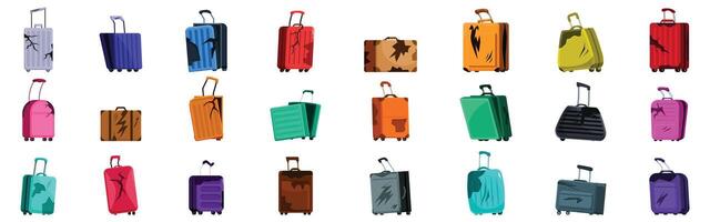 Broken luggage icons set. Broken and damaged suitcases representing travel mishaps vector