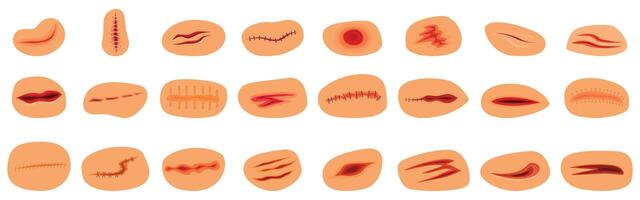 Bloody wounds icons set. Different types of injuries showing skin damage and stitches vector