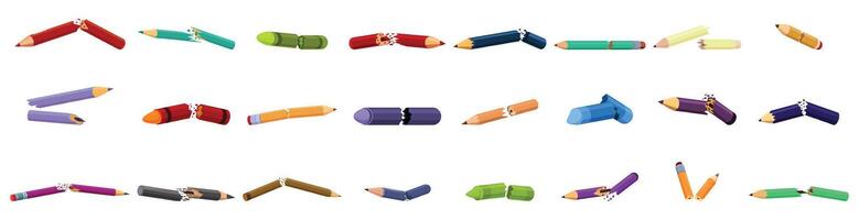 Broken pencil icons set. Broken pencils showing stress, pressure, and creative block icons set vector