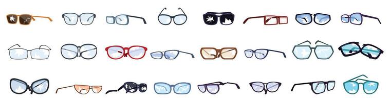 Broken glasses icons set. Large set of stylish eyeglasses reflecting sky with clouds vector