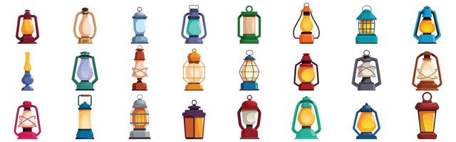 Camp lantern icons set. Collection of various colorful and bright kerosene lamps providing light vector