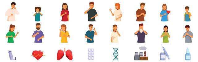 Asthma symptoms icons set. People suffering asthma attack, using inhaler and taking pills for treatment vector