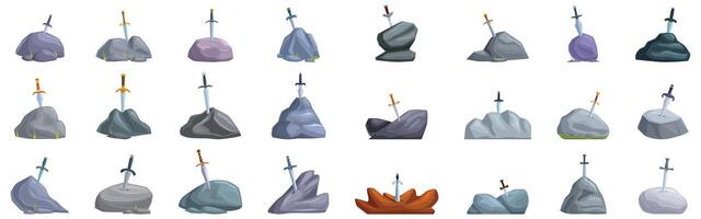 Sword stone icons set. Excalibur swords implanted in stones icons set cartoon style vector