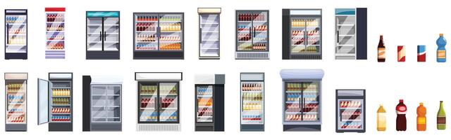 Refrigerator beverages icons set. Fridge drinks showing cooling and bottles presenting refrigerator and beverages vector