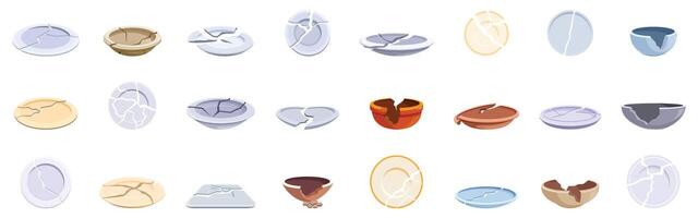 Broken plates icons set. Broken plates and bowls showing different cracks and damage vector