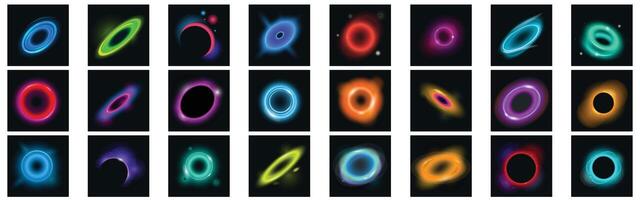 Neon halo effect icons set. Set of colorful black holes icons illustrating gravity effects in space vector