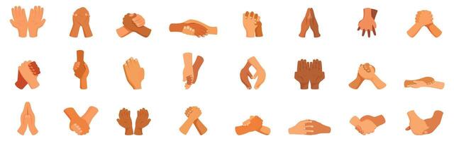 Clasped hands icons set. Diverse hands interacting, showing support and connection vector