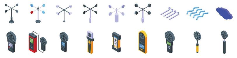Anemometer icons set. Measuring wind speed and direction with anemometers and wind vanes vector
