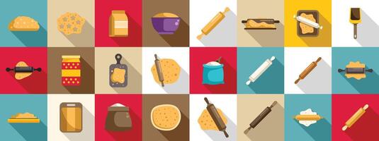 Rolling dough wooden pin icons set. Baking rolling pin and dough icons set flat illustration vector