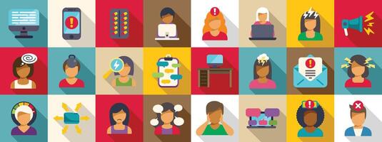 Info stress icons set. Office workers experiencing stress and burnout from work overload and pressure vector