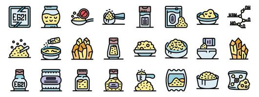 Monosodium glutamate icon set showing crystals and chemical formula vector